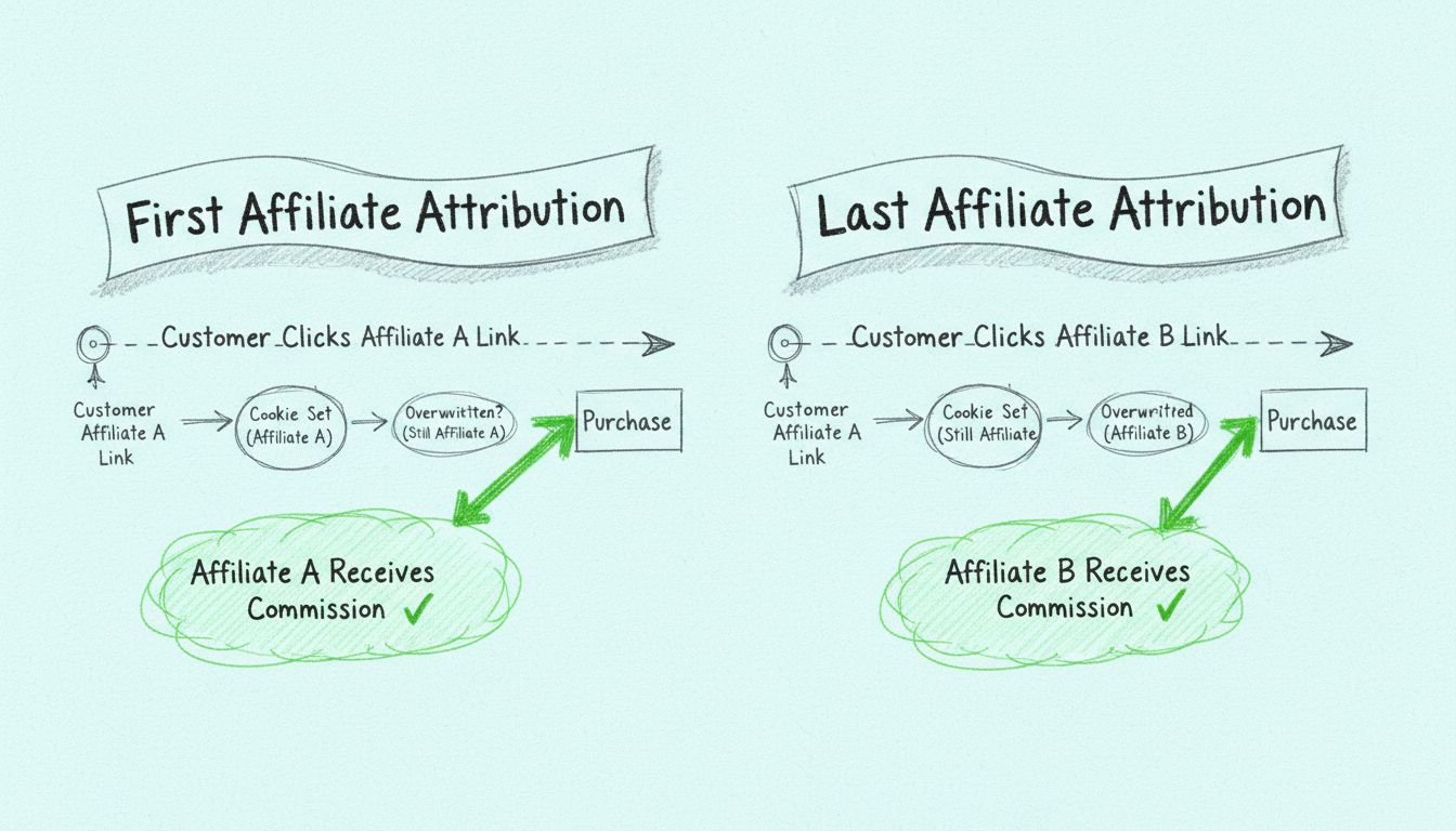 Affiliate-Attributions-Vergleichsdiagramm, das First- vs. Last-Touch-Attributionsmodelle mit Cookie-Tracking zeigt