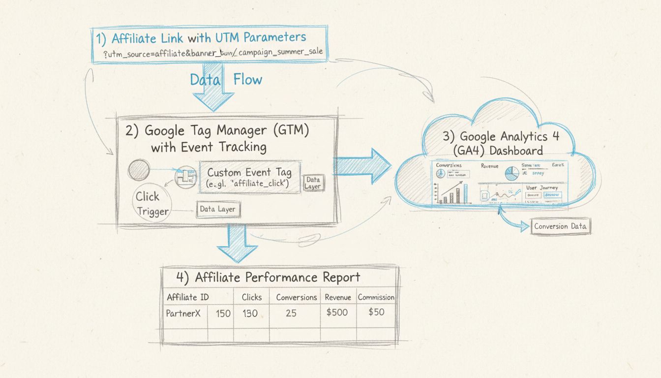 Google Analytics Affiliate-Tracking-Setup-Flow-Diagramm mit UTM-Parametern, Google Tag Manager, GA4-Dashboard und Affiliate-Performance-Reporting