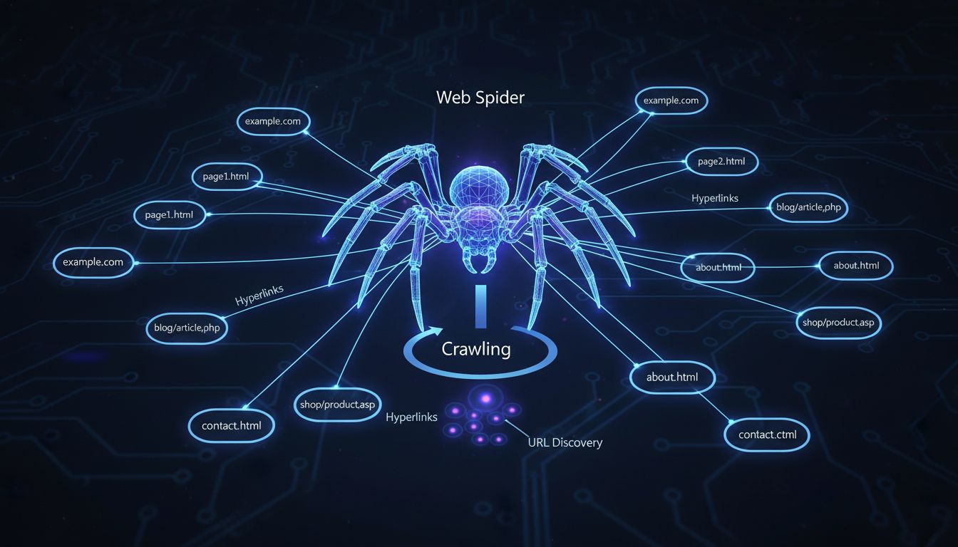 Technisches Diagramm, das zeigt, wie Web-Spider das Internet mit Netzwerkverbindungen und Hyperlinks durchsuchen