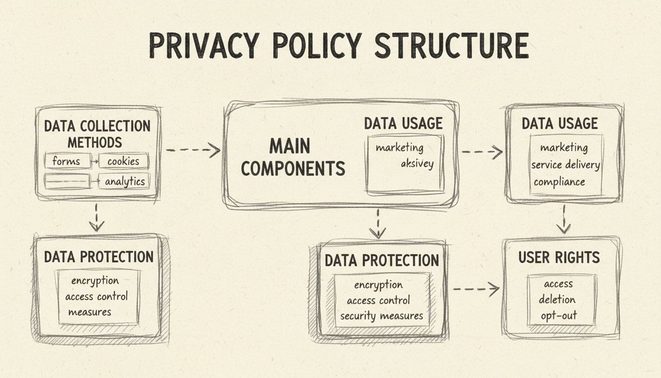 Diagramm zur Struktur einer Datenschutzerklärung, das Methoden der Datenerhebung, Nutzung, Schutz und Nutzerrechte zeigt