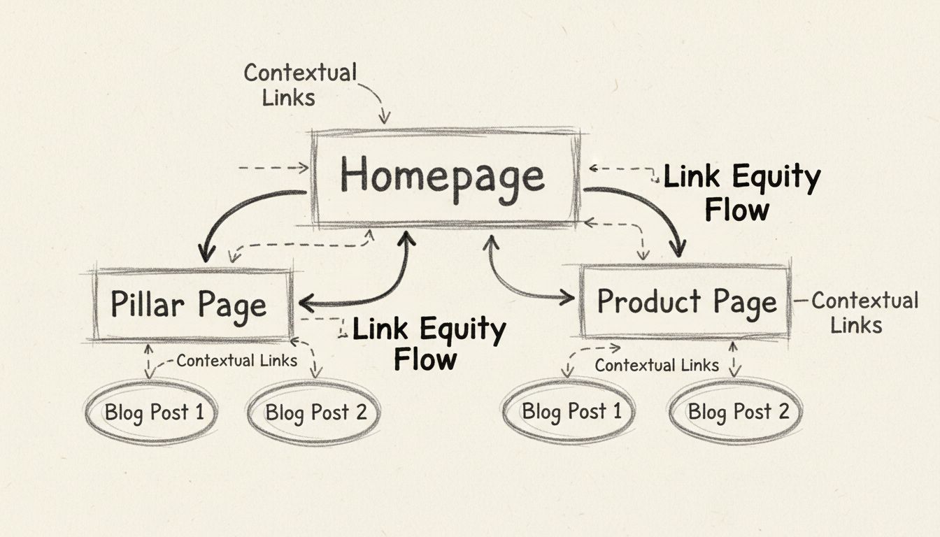 Handgezeichnetes Diagramm, das die Struktur interner Verlinkung mit einer Startseite zeigt, die mit Pillar-Seiten, Blogbeiträgen und Produktseiten verbunden ist. Pfeile zeigen den Fluss der Link Equity.