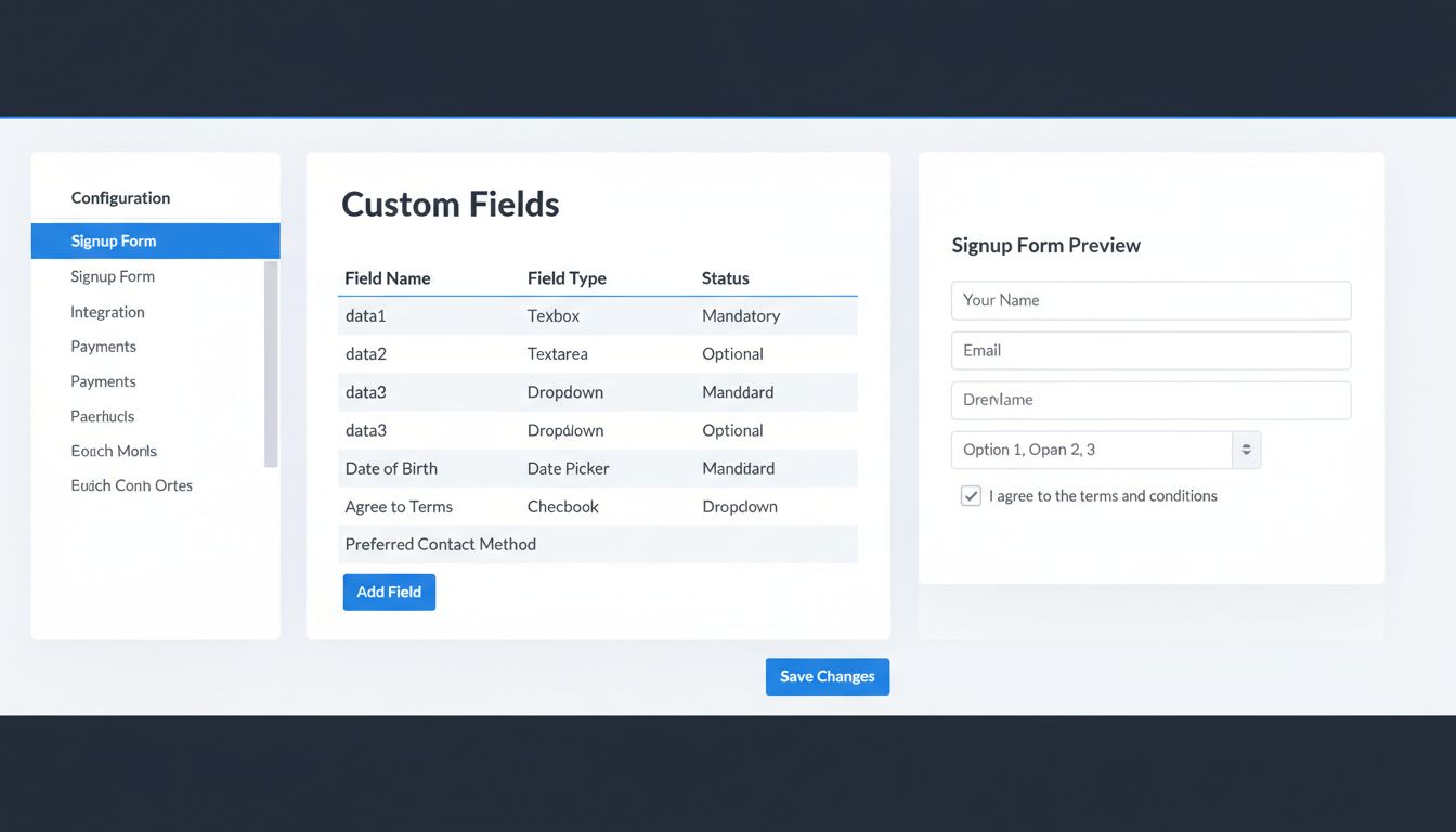 Post Affiliate Pro signup form configuration interface showing custom fields setup with field types and status options