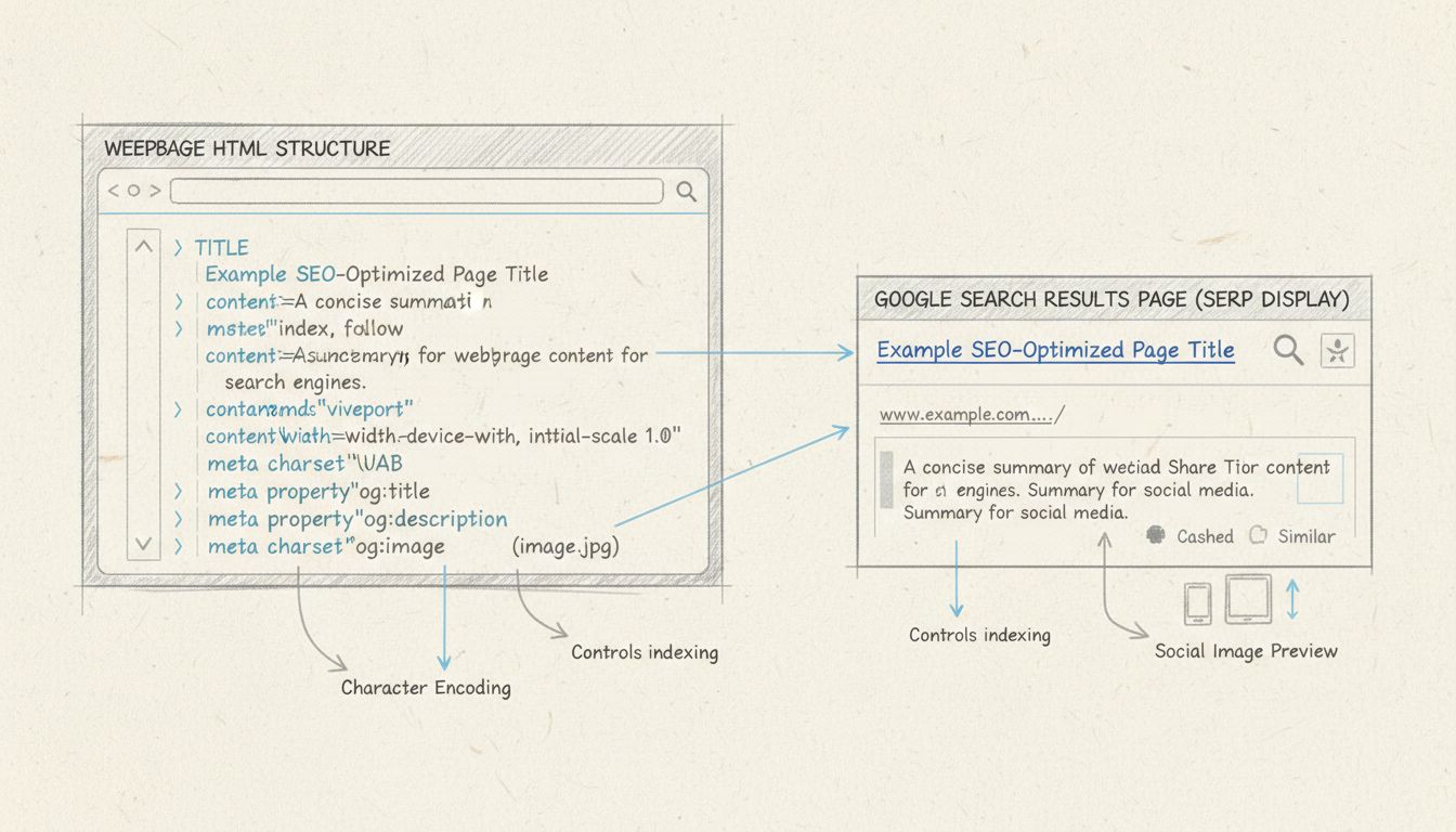 Handgezeichnetes Diagramm zeigt die Struktur von HTML-Metatags und deren Verbindung zur Darstellung in Suchergebnissen