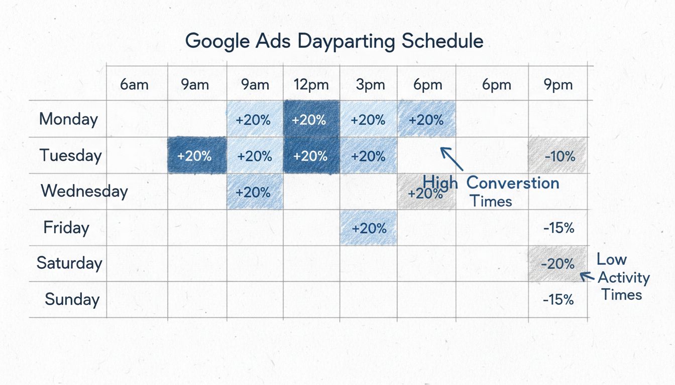 Google Ads Dayparting-Zeitplan-Diagramm mit Wochenkalender, Zeitfenstern und Gebotsanpassungen