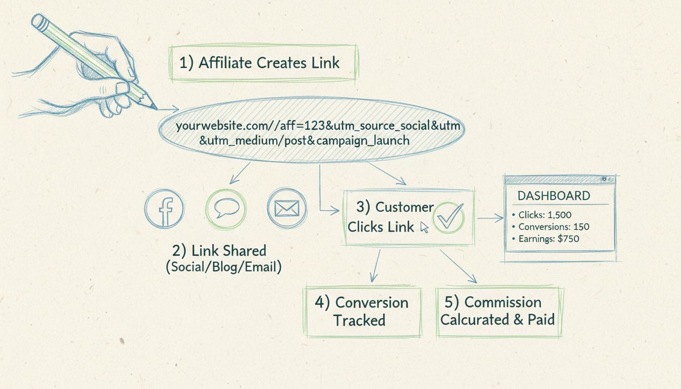 Diagramm zum Ablauf des Affiliate-Link-Trackings, das den gesamten Prozess von der Link-Erstellung bis zum Conversion-Tracking und der Provisionszahlung zeigt