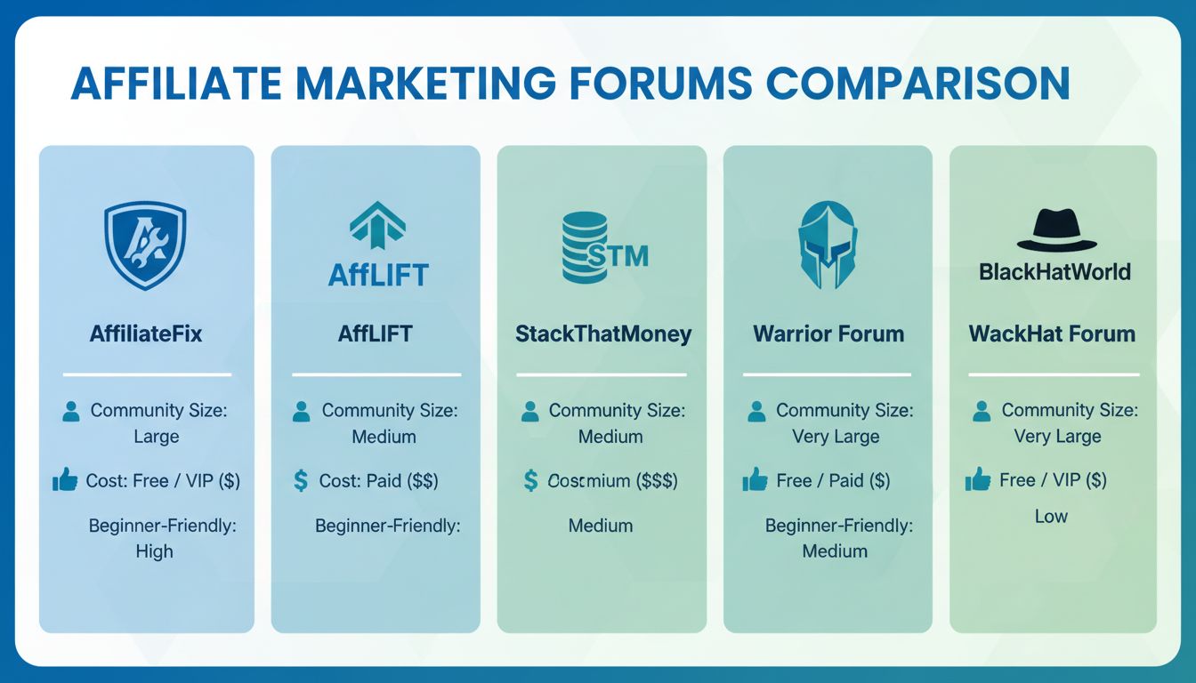 Vergleich der führenden Affiliate-Marketing-Foren mit AffiliateFix, AffLIFT, StackThatMoney, Warrior Forum und BlackHatWorld inklusive ihrer wichtigsten Funktionen und Preise