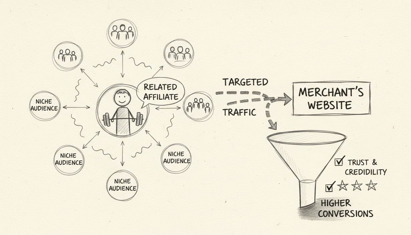 Handgezeichnete Grafik, die zeigt, wie verwandte Affiliates gezielten Traffic durch Nischenaudiences zu Händler-Websites mit höheren Conversion-Raten und Vertrauensindikatoren führen