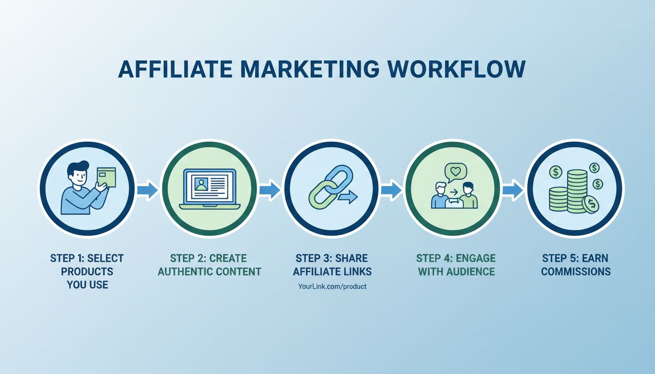Involved affiliate marketing workflow showing five steps: select products, create content, share links, engage audience, earn commissions