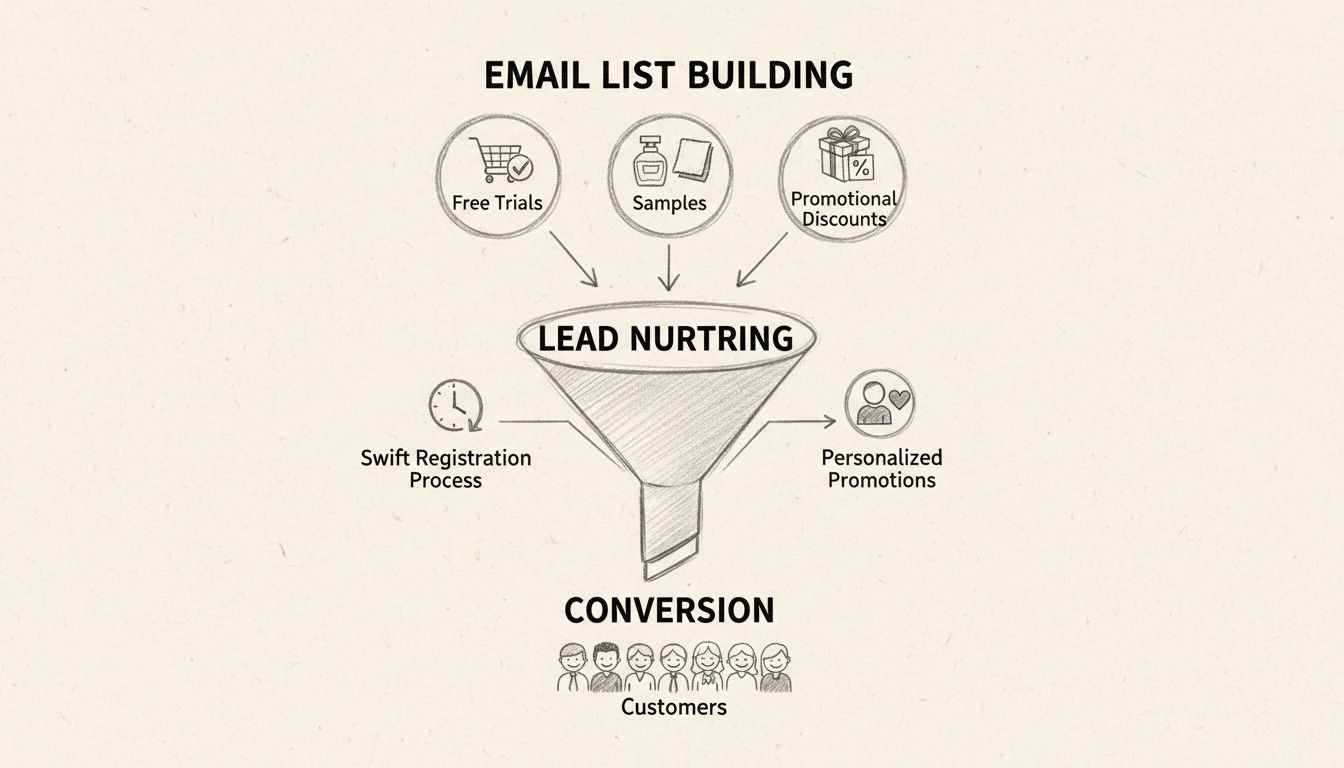 Strategie-Funnel für die Lead-Generierung von Modemarken mit E-Mail-Listenaufbau, Lead-Nurturing und Konversionsphasen