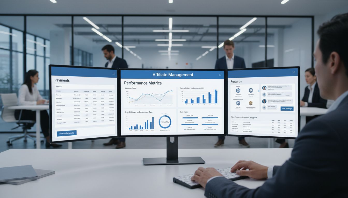 Professionelles Affiliate-Manager-Dashboard mit Leistungskennzahlen, Zahlungen, Kommunikationstools und Belohnungssystemen