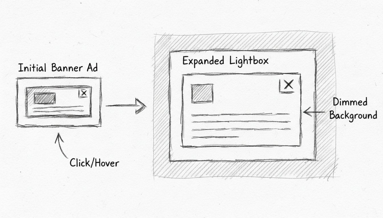 Handgezeichnetes Diagramm, das zeigt, wie sich Lightbox-Banner von einer kleinen Ausgangsanzeige zu einer Vollbild-Überlagerung mit abgedunkeltem Hintergrund erweitern