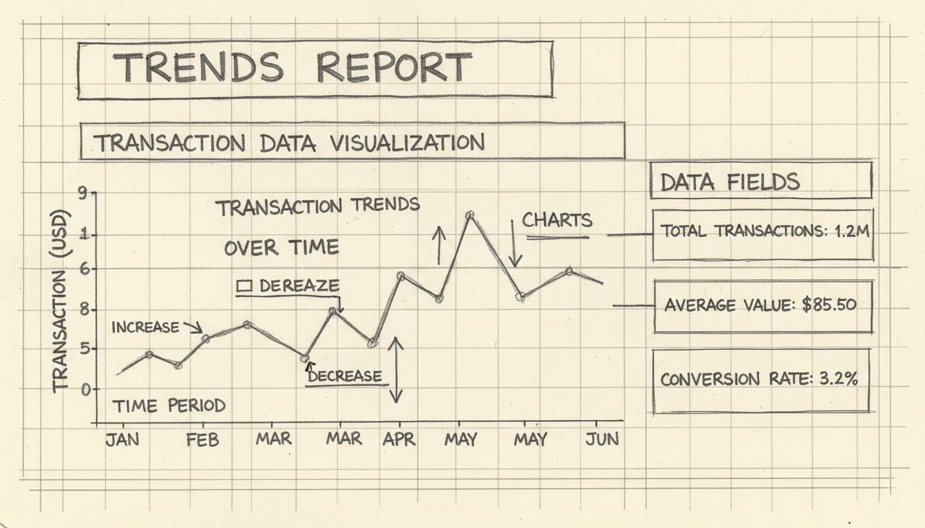 Dashboard eines Trends-Berichts mit Visualisierung von Transaktionsdaten durch Liniendiagramme und Datenfelder