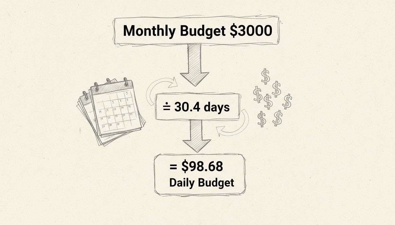 Handgezeichnetes Diagramm, das die Formel zur Berechnung des Tagesbudgets aus dem Monatsbudget mit dem Teiler 30,4 zeigt
