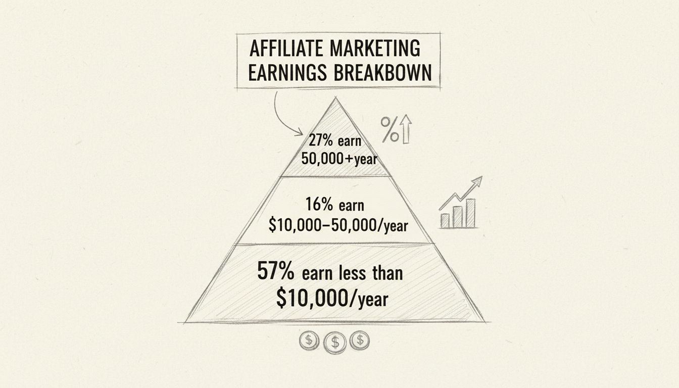 Affiliate-Marketing-Verdienstpyramide zeigt Einkommensverteilung: 57 % verdienen weniger als 10.000 $/Jahr, 16 % verdienen 10.000–50.000 $/Jahr, 27 % verdienen 50.000 $+/Jahr