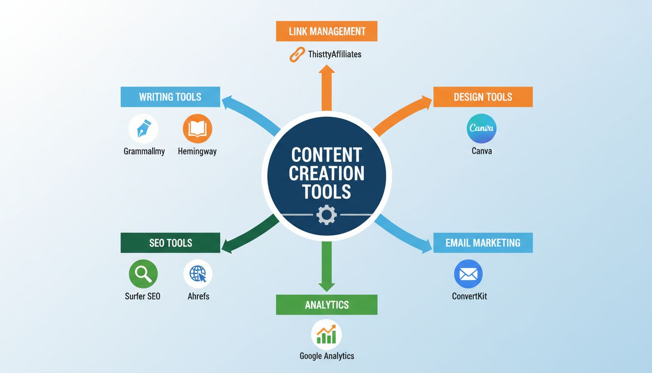 Affiliate marketing content creation tools ecosystem infographic showing writing, SEO, design, email marketing, analytics and link management tools