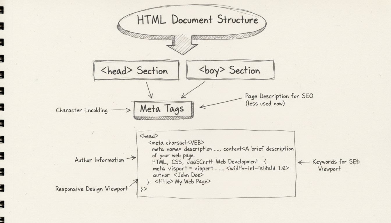 Diagramm der HTML-Meta-Tags-Struktur mit Head-Bereich, der Charset-, Description-, Keywords-, Author- und Viewport-Meta-Tags zeigt