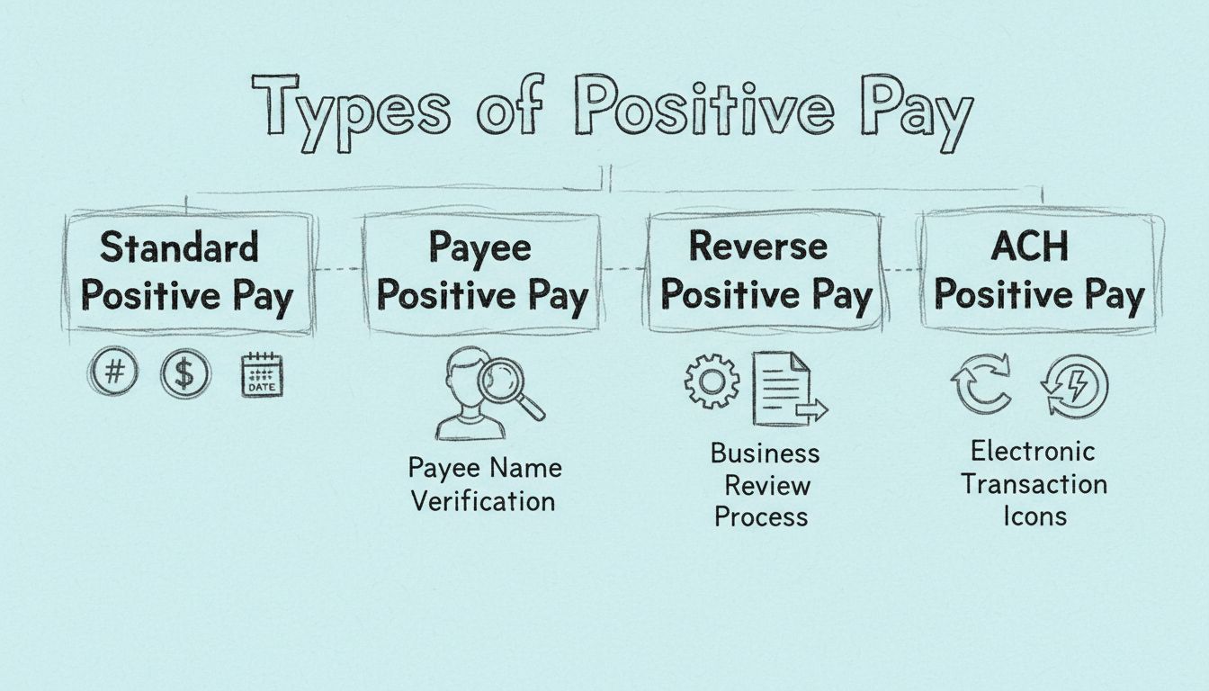 Handgezeichnetes Diagramm, das die vier Arten von Positive Pay-Systemen mit Boxen für Standard, Payee, Reverse und ACH Positive Pay zeigt