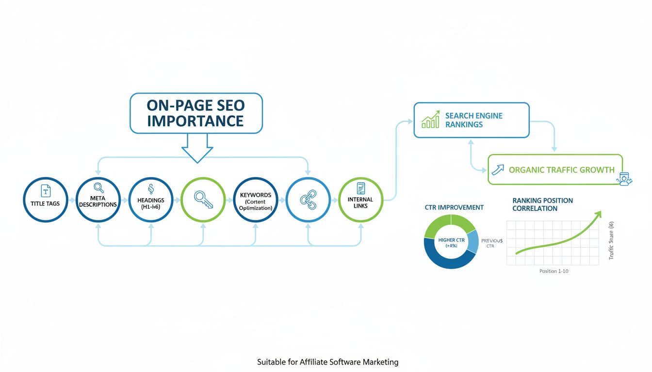 On-Page-SEO-Elemente Infografik mit Title-Tags, Meta-Beschreibungen, Überschriften, Keywords, internen Links, Seitenladezeit, mobiler Optimierung und deren Einfluss auf Suchrankings und organischen Traffic