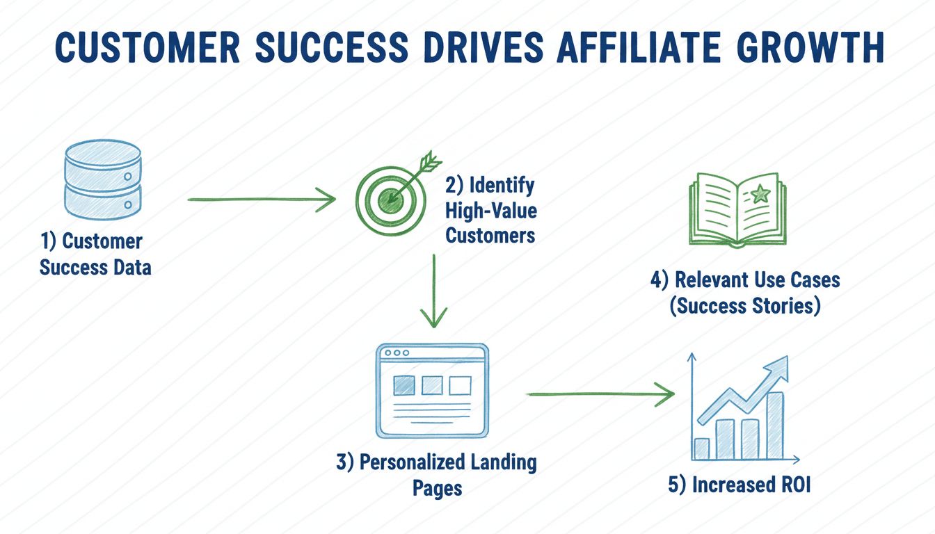 Customer success data improving affiliate marketing flowchart showing data flow from customer success metrics to high-value customer identification to personalized campaigns to increased ROI