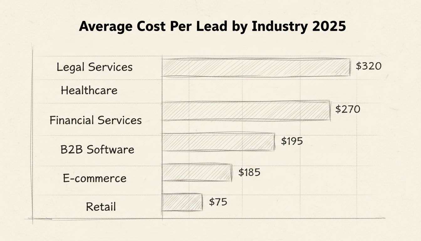 Durchschnittlicher Cost per Lead nach Branche 2025 – Handgezeichnetes Balkendiagramm mit Preisen aus verschiedenen Sektoren
