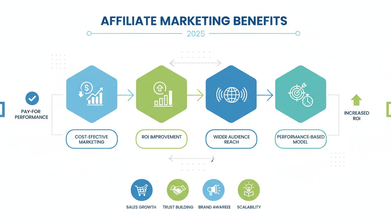 Infografik zu den Vorteilen von Affiliate-Marketing: kosteneffizientes Marketing, bessere Rendite, größere Reichweite, leistungsbasiertes Modell