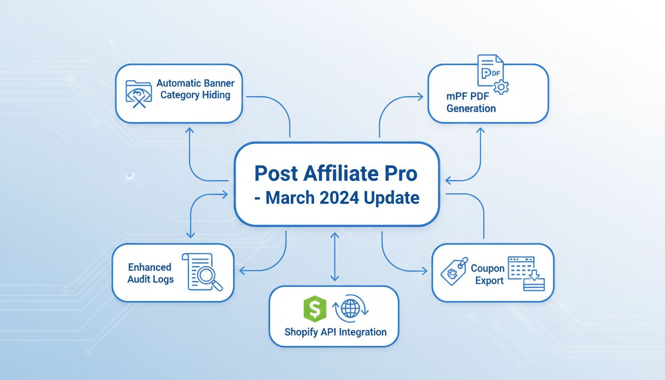 Technisches Diagramm zeigt die Post Affiliate Pro März 2024 Update-Funktionen, darunter Banner-Ausblendung, mPDF-Generierung, Prüfprotokolle, Coupon-Export und Shopify-API-Integration mit vernetzten Modulen