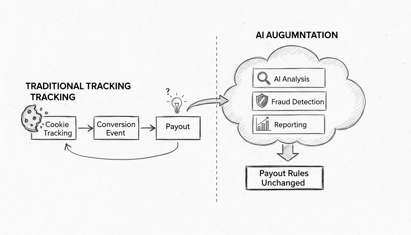 KI erweitert Affiliate-Tracking: Workflow-Diagramm zeigt traditionelles Tracking, verstärkt durch KI-Analyse-Ebene