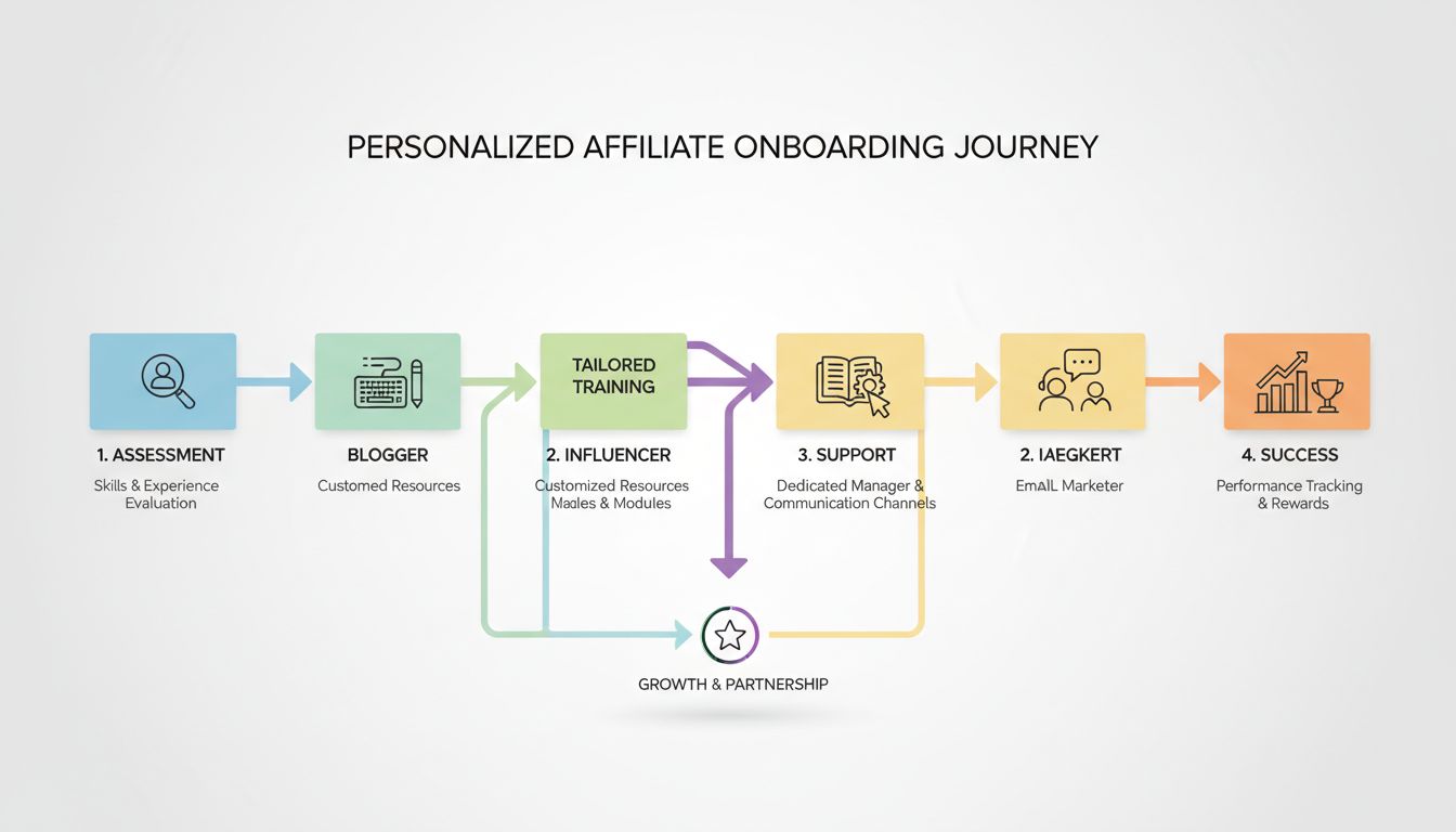 Diagramm des personalisierten Affiliate-Onboarding-Prozesses mit Bewertung, maßgeschneiderter Schulung, Support und Erfolgsstufen für verschiedene Affiliate-Typen