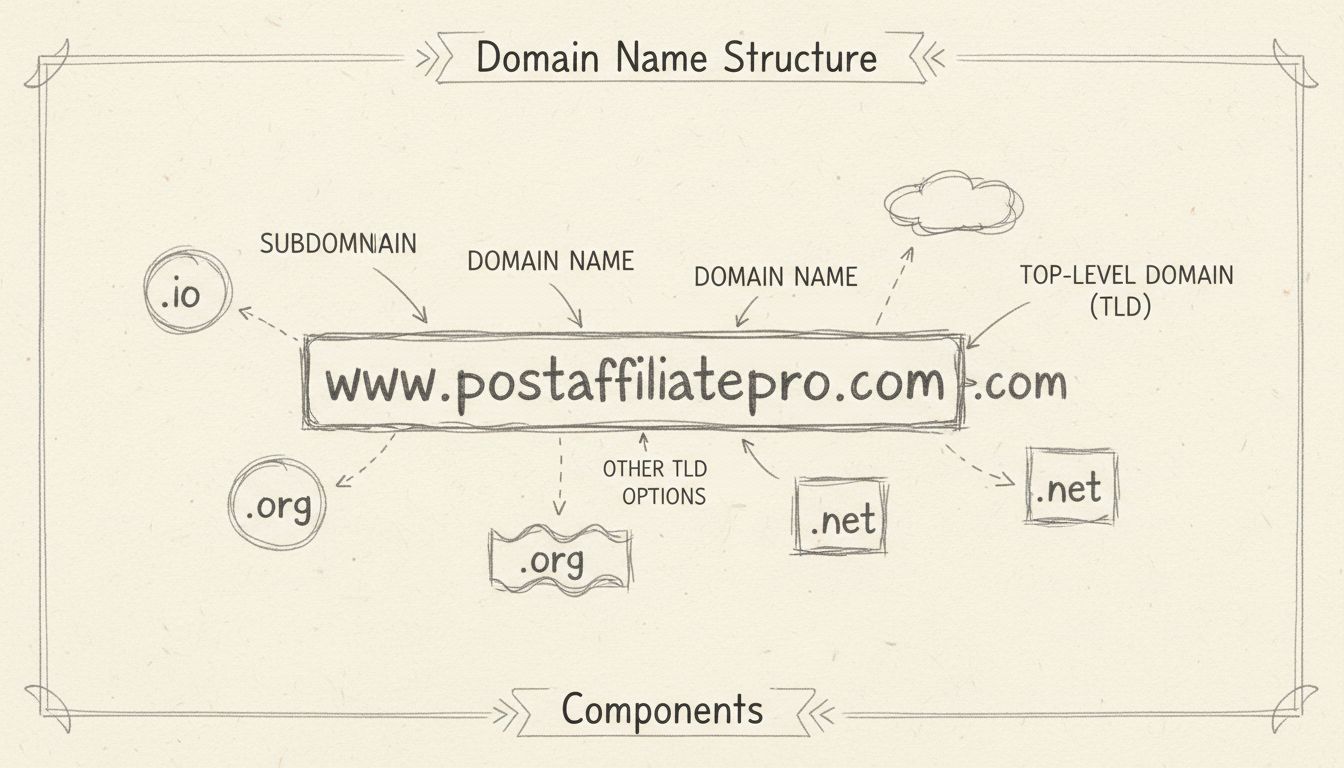 Diagramm zur Domainnamen-Struktur mit Subdomain, Domainname und TLD sowie Beispielen für verschiedene Top-Level-Domain-Optionen