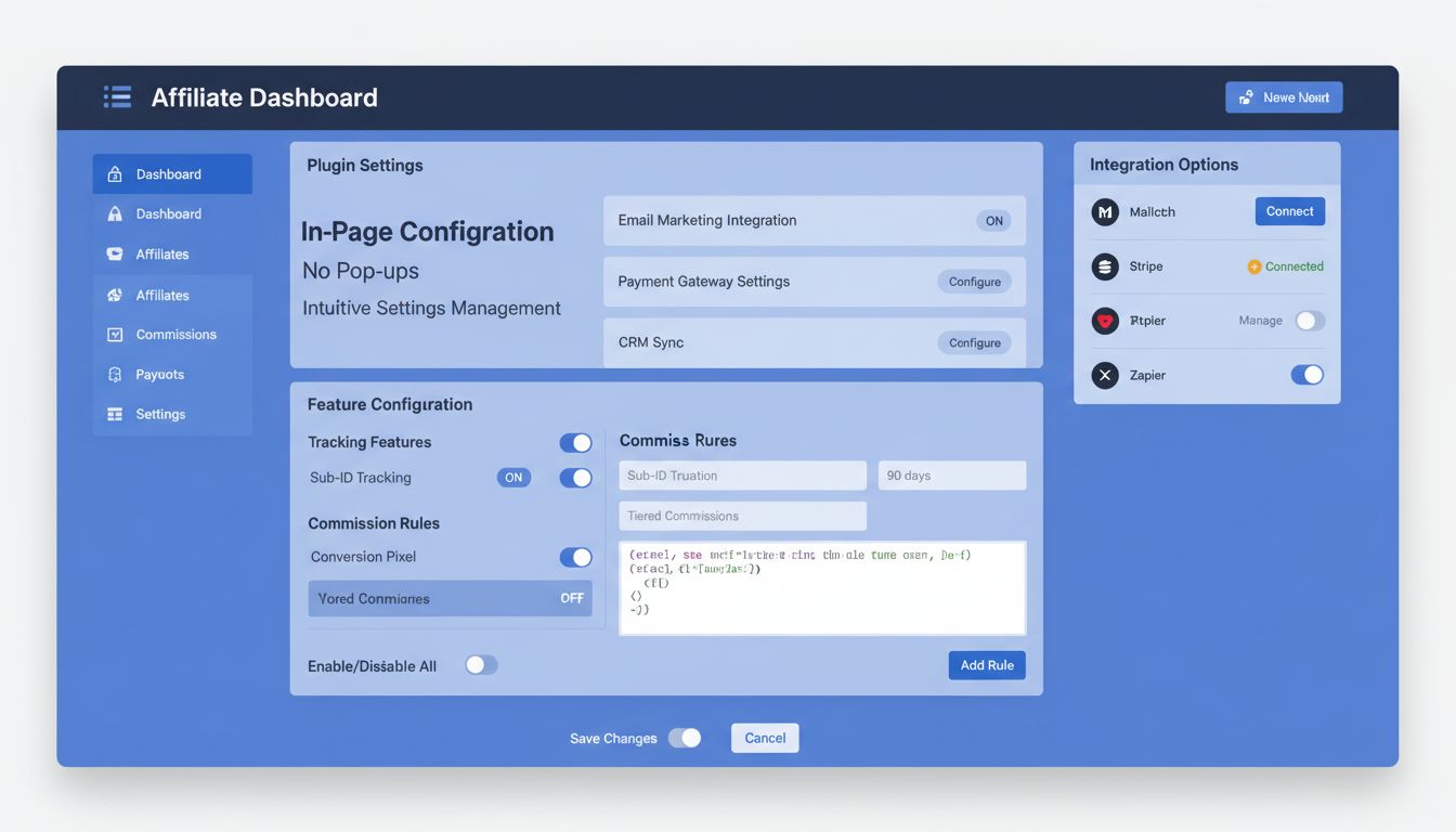 Modernes Dashboard einer Affiliate-Software mit Plugin-Konfiguration direkt auf der Seite, mit Umschaltern und Dropdown-Menüs