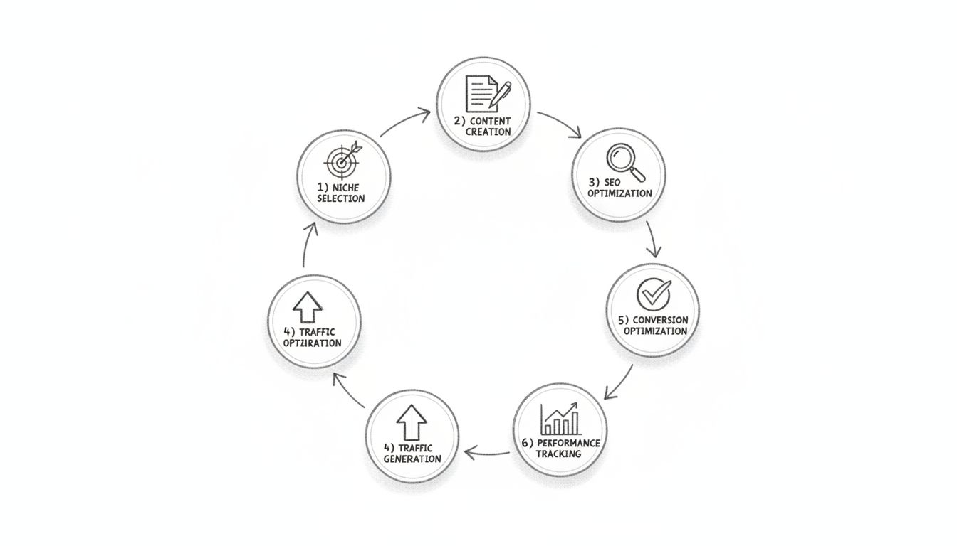Handgezeichnetes Diagramm, das die Lernreise im Affiliate-Marketing mit den Schritten Nischenauswahl, Content-Erstellung, SEO-Optimierung, Traffic-Generierung, Conversion-Optimierung und Performance-Messung zeigt