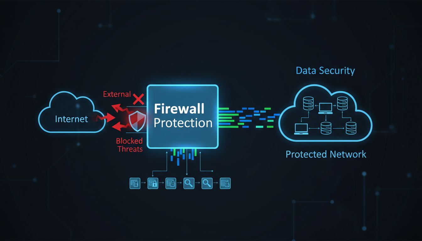 Firewall-Architekturdiagramm, das Netzwerkschutz gegen Datenschutzverletzungen mit blockierten Bedrohungen und geschütztem internen Netzwerk zeigt