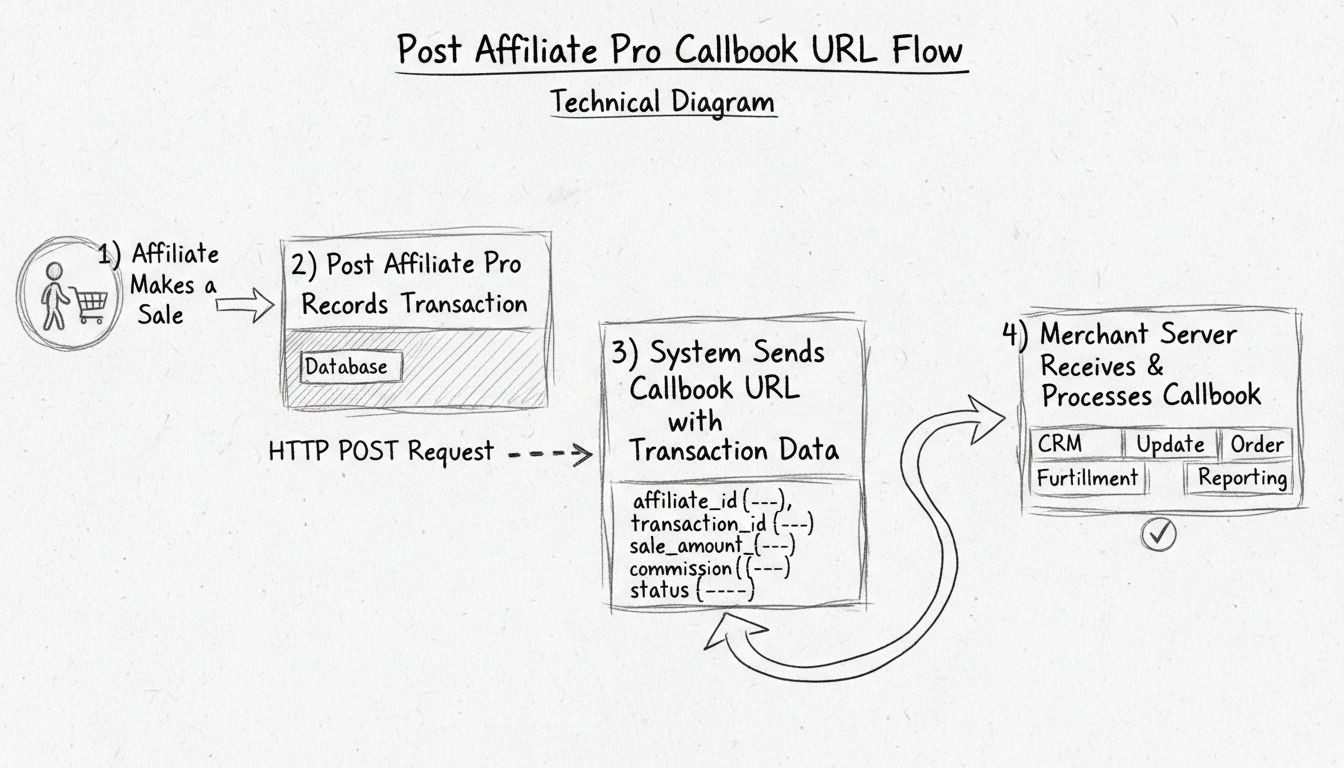 Post Affiliate Pro Callback-URL Ablaufdiagramm mit Transaktionsverarbeitungssequenz