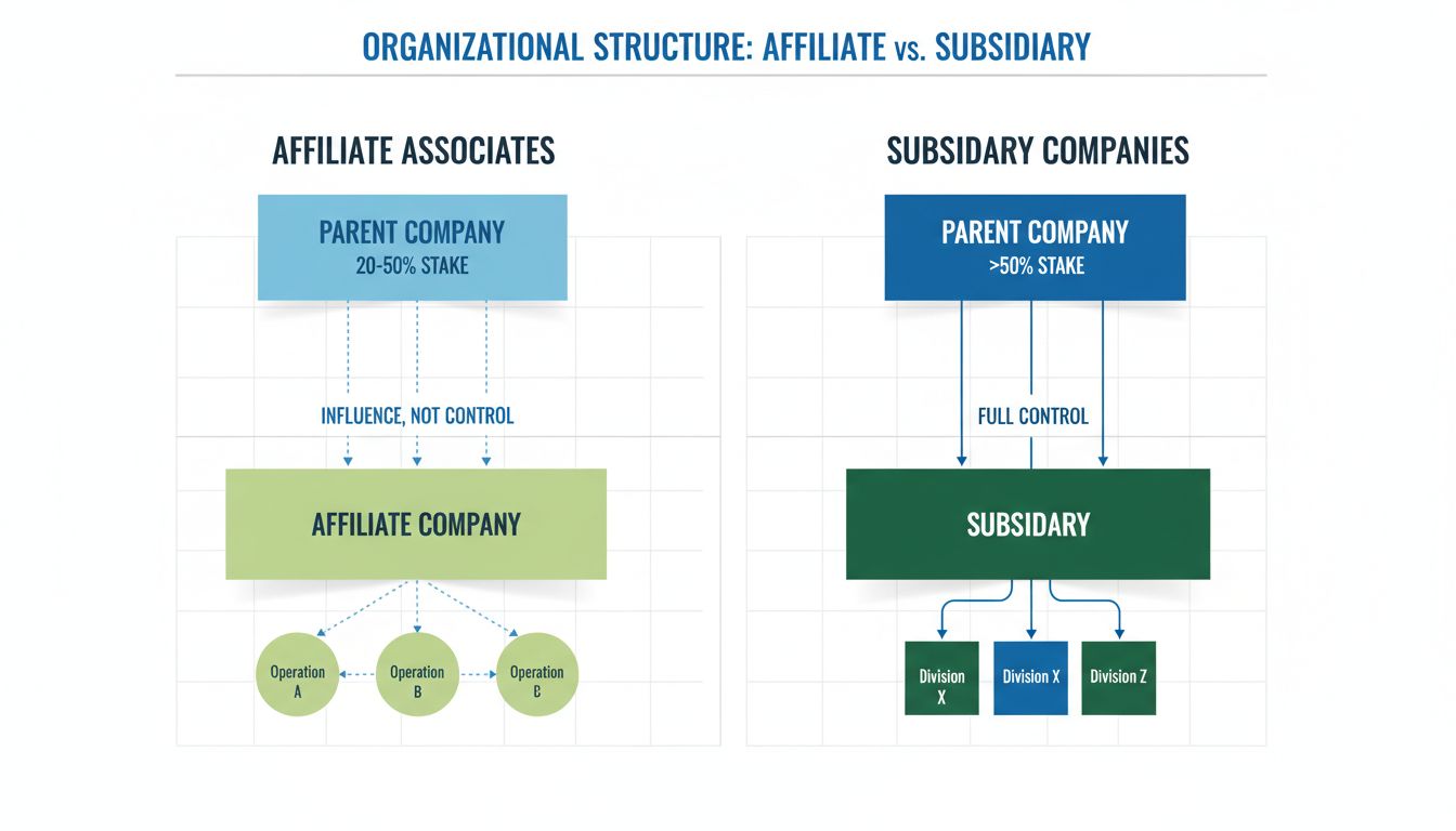Organigramm, das die Struktur von Affiliate-Partnerunternehmen (20–50 % Beteiligung mit gestrichelten Einflusslinien) versus Tochtergesellschaften (>50 % Beteiligung mit durchgezogenen Kontrolllinien) vergleicht