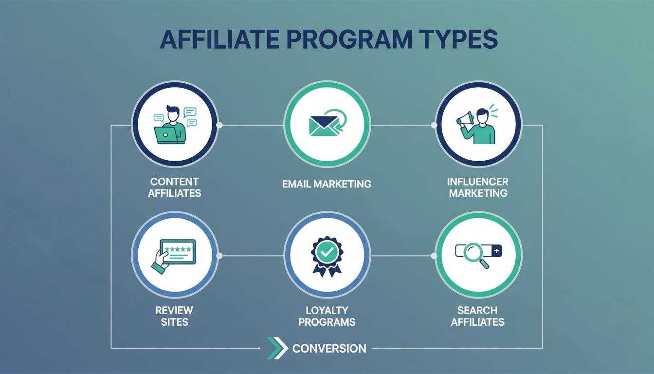 Infografik mit verschiedenen Arten von Affiliate-Programmen wie Content-Affiliates, E-Mail-Marketing, Influencer-Marketing, Bewertungsseiten, Treueprogramme und Suchmaschinen-Affiliates