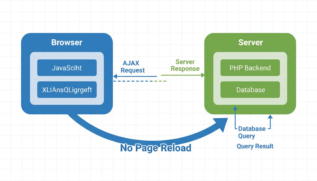 AJAX-Kommunikationsdiagramm, das die Interaktion zwischen Browser und Server ohne Seitenneuladen zeigt