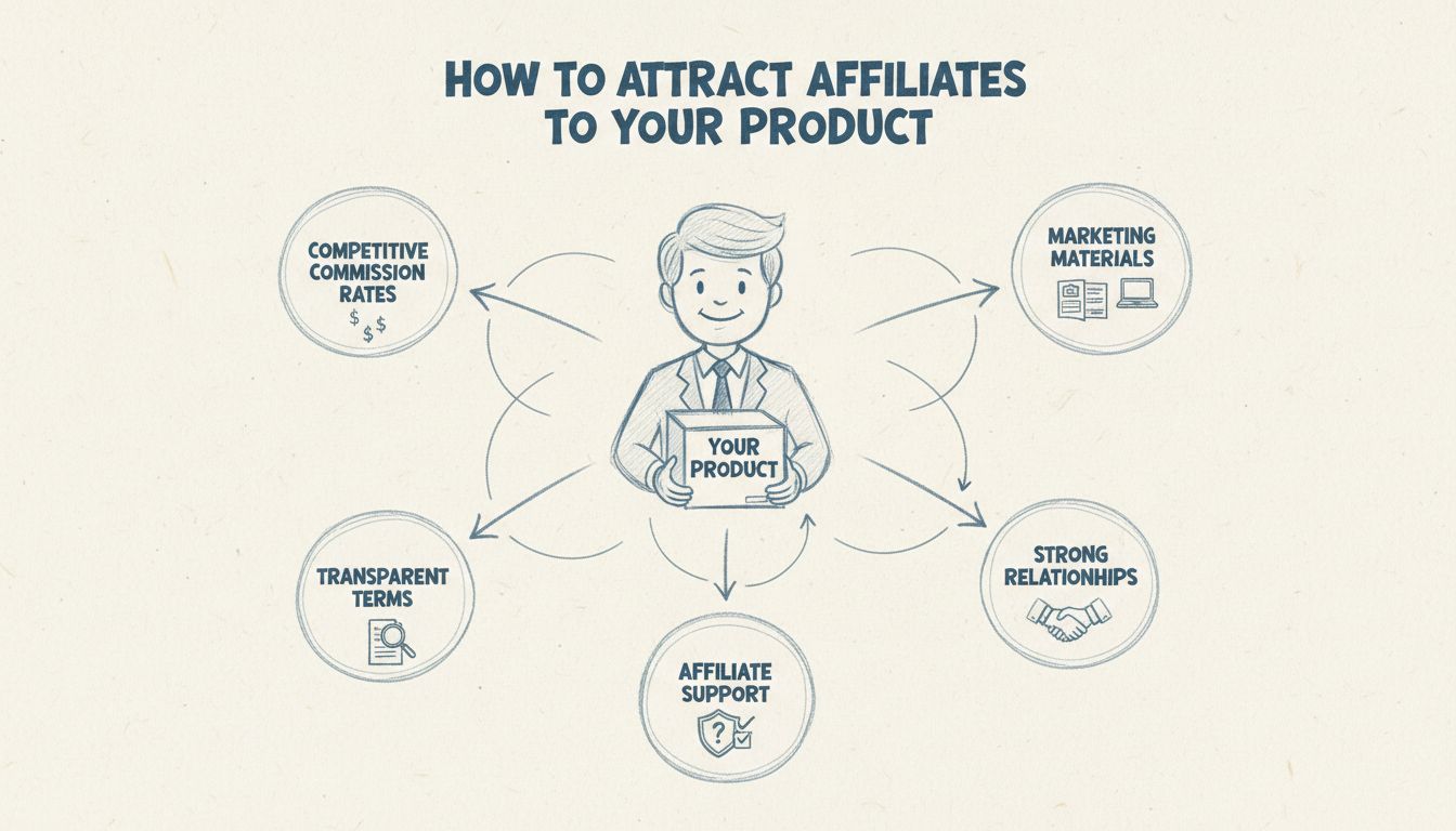 Handgezeichnetes Diagramm zeigt eine Strategie zur Affiliate-Gewinnung mit Geschäftsinhaber, verbunden mit mehreren Affiliate-Partnern und Beschriftungen für Provisionssätze, Marketingmaterialien, transparente Bedingungen, Beziehungen und Support