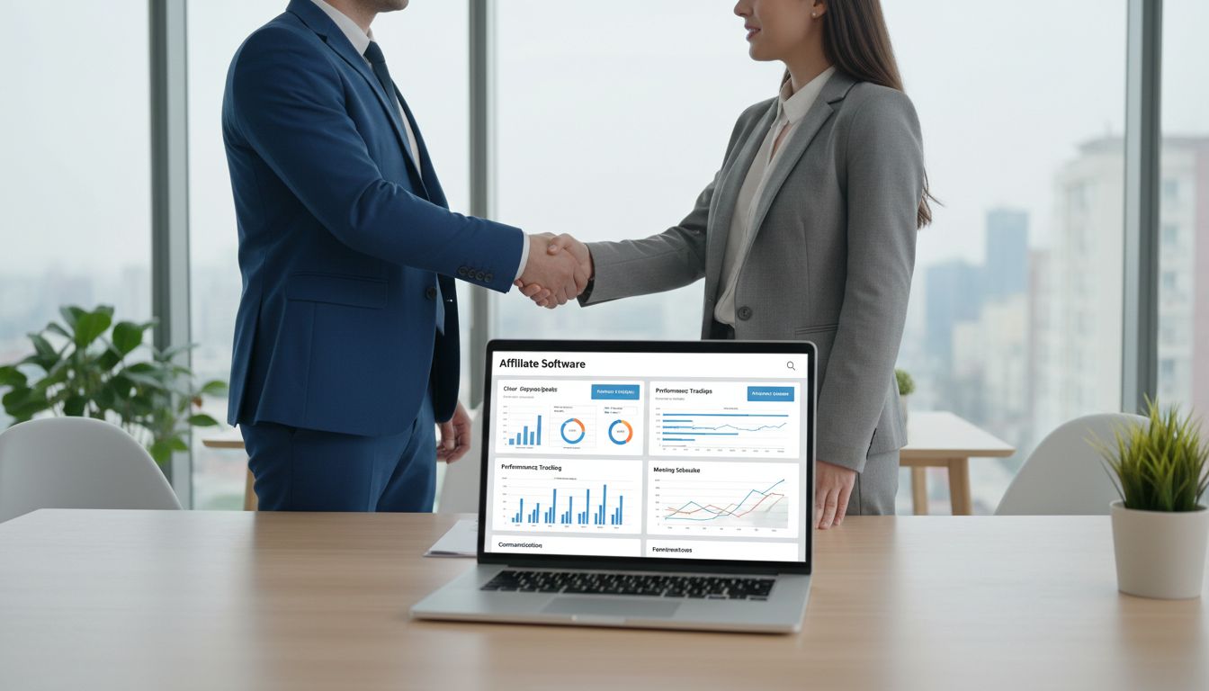 Professionelles Geschäftstreffen zwischen Manager und Affiliate-Marketing-Freelancer, die Partnerschaftsstrategie mit sichtbarem Analyse-Dashboard besprechen