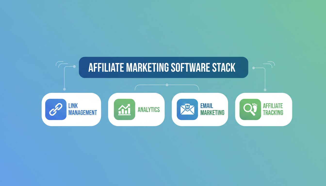 Infografik Affiliate-Marketing-Software-Stack mit Linkmanagement, Analysen, E-Mail-Marketing und Affiliate-Tracking-Tools
