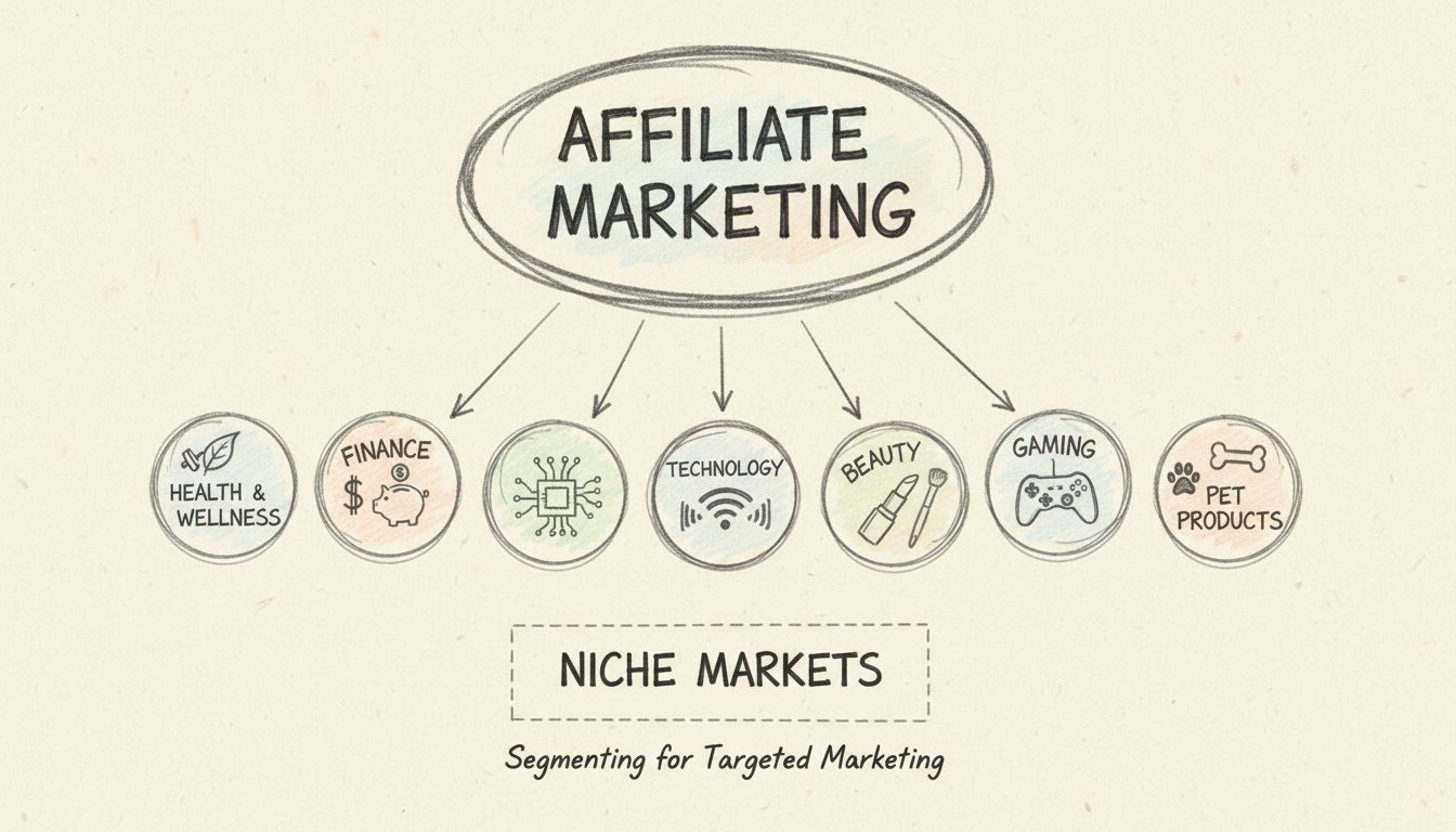 Diagramm der Nischen-Segmentierung im Affiliate-Marketing, das zeigt, wie ein breiter Markt in fokussierte Nischenbereiche wie Gesundheit & Wellness, Finanzen, Technologie, Beauty, Gaming und Tierprodukte unterteilt wird