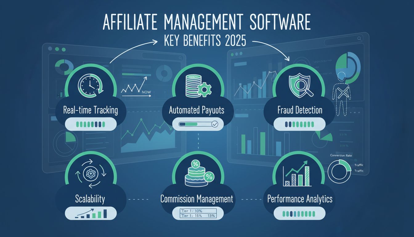 Infografik mit den wichtigsten Vorteilen von Affiliate-Management-Software: Echtzeit-Tracking, automatisierte Auszahlungen, Betrugserkennung, Skalierbarkeit, Provisionsmanagement und Leistungsanalysen