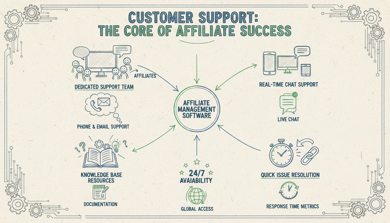 Kundensupport-Infografik für Affiliate-Management-Software zeigt Supportkanäle, Reaktionszeiten und Problemlösung