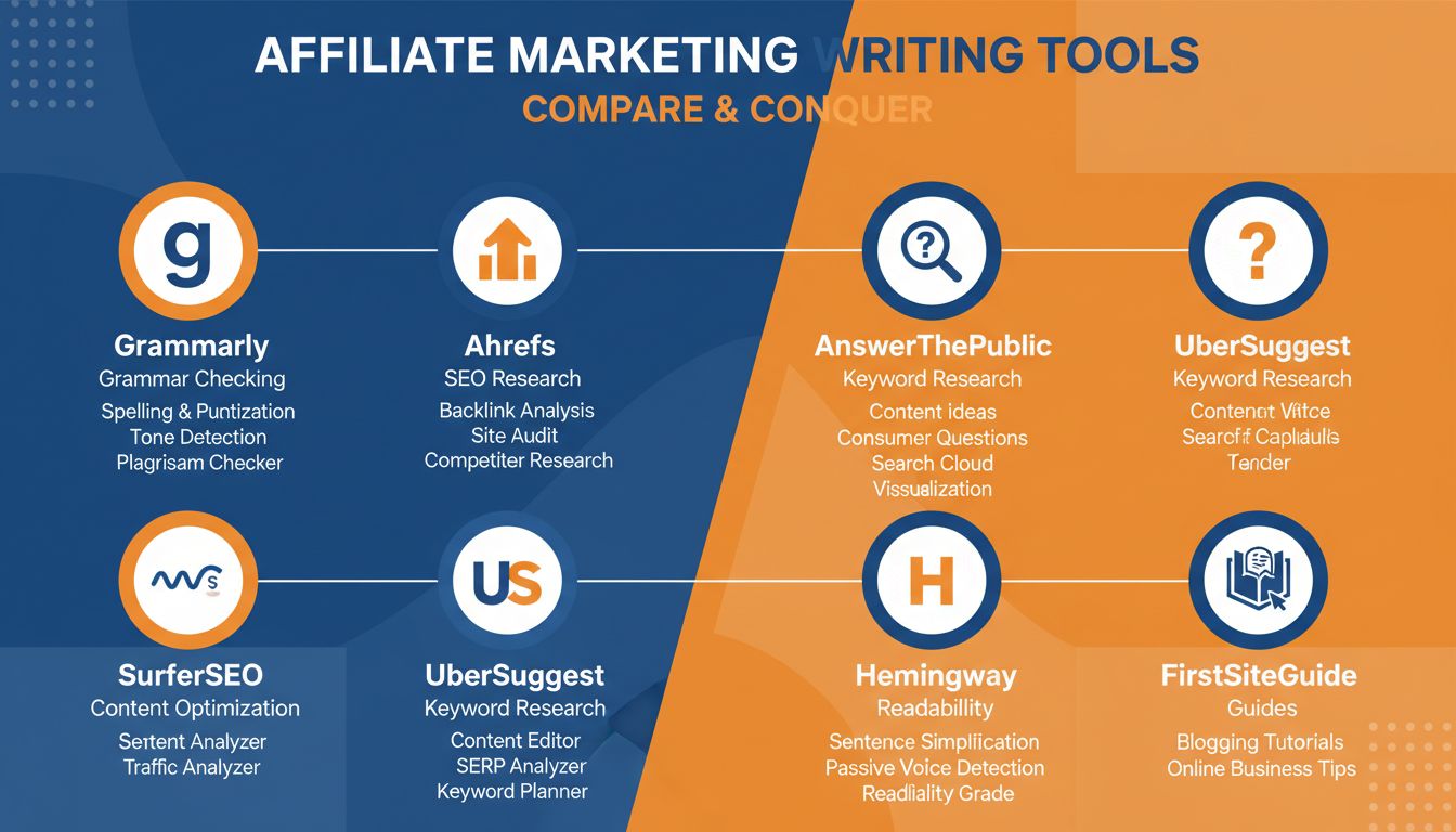 Infografik: Vergleich von 7 Tools für das Affiliate-Marketing-Schreiben mit Symbolen und Hauptfunktionen