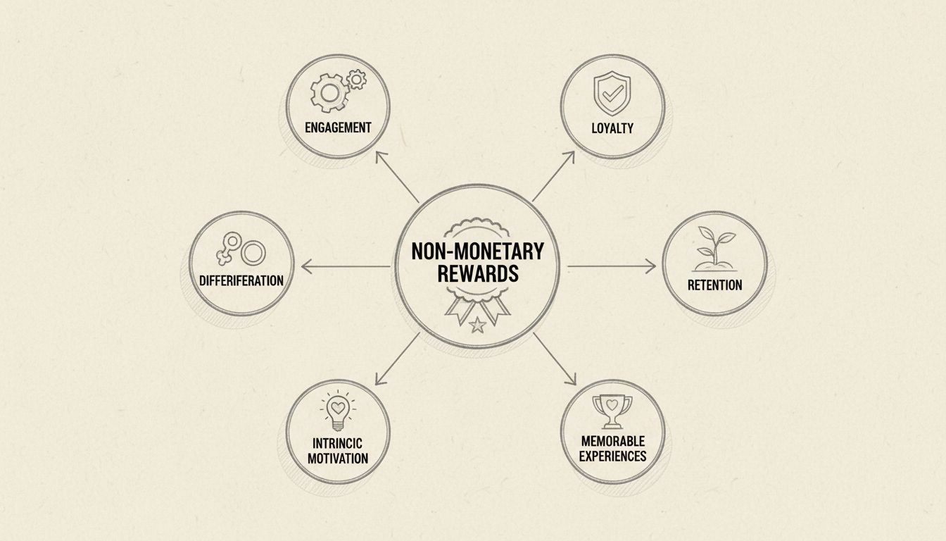 Handgezeichnetes Diagramm, das Vorteile nicht-monetärer Belohnungen wie Loyalität, Engagement, Bindung, Differenzierung, einprägsame Erlebnisse und intrinsische Motivation zeigt