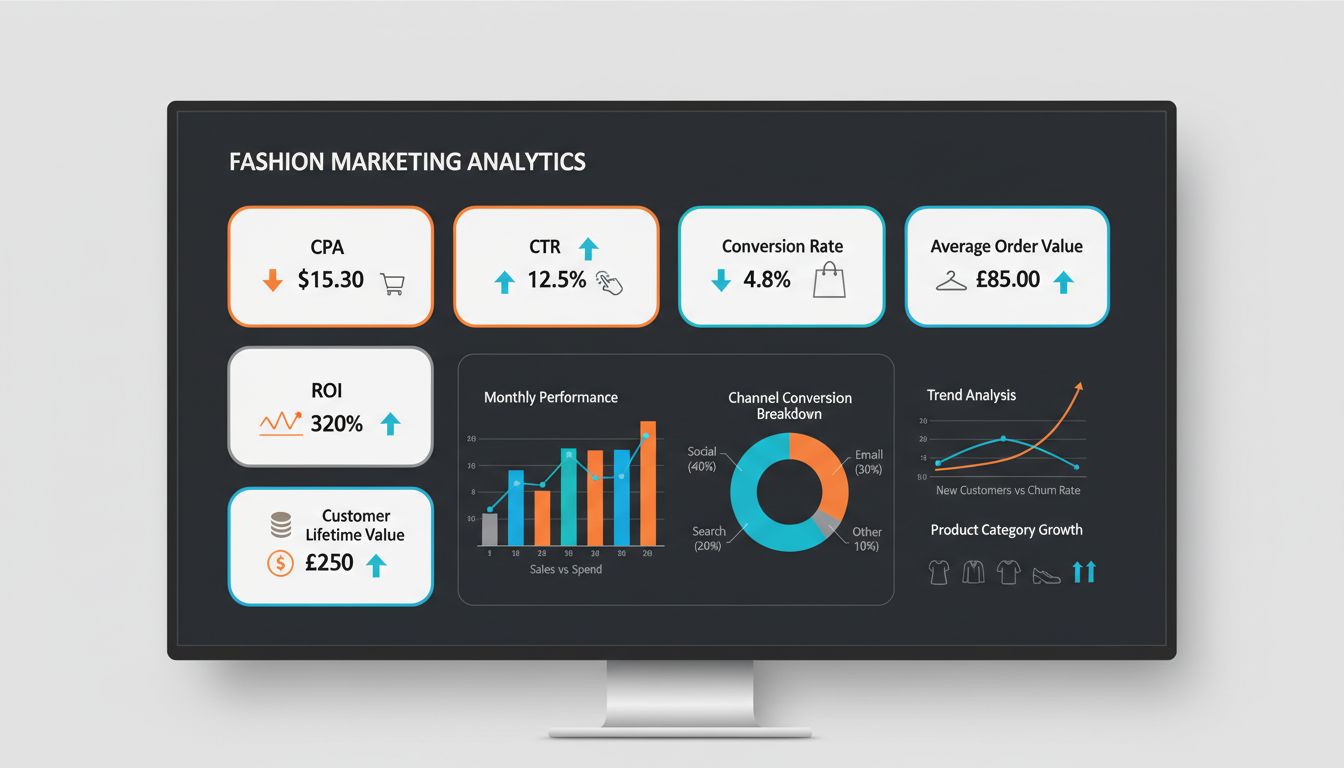 Fashion Marketing KPIs Dashboard mit CPA, CTR, Conversion Rate, ROI, CLV und AOV sowie Analyse-Charts