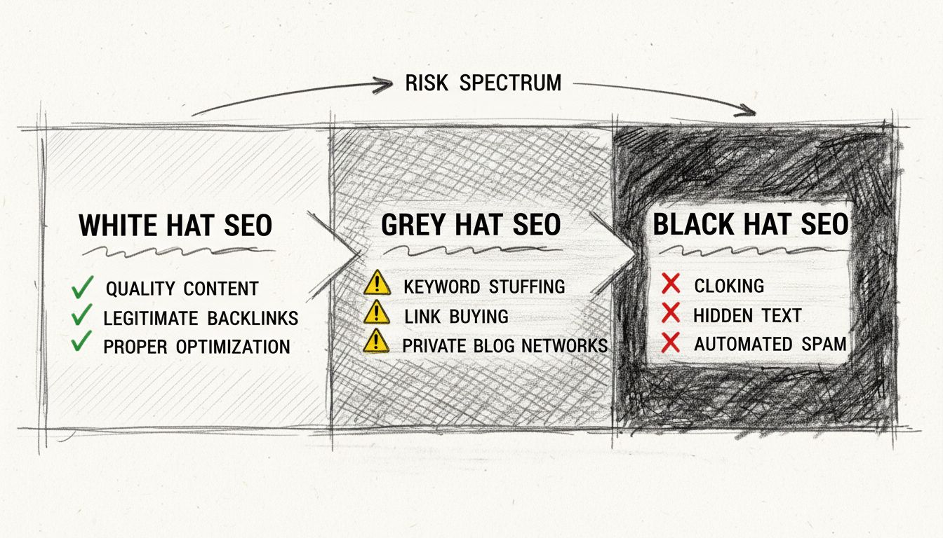 SEO-Technikenspektrum mit White Hat, Grey Hat und Black Hat Methoden und visuellen Indikatoren