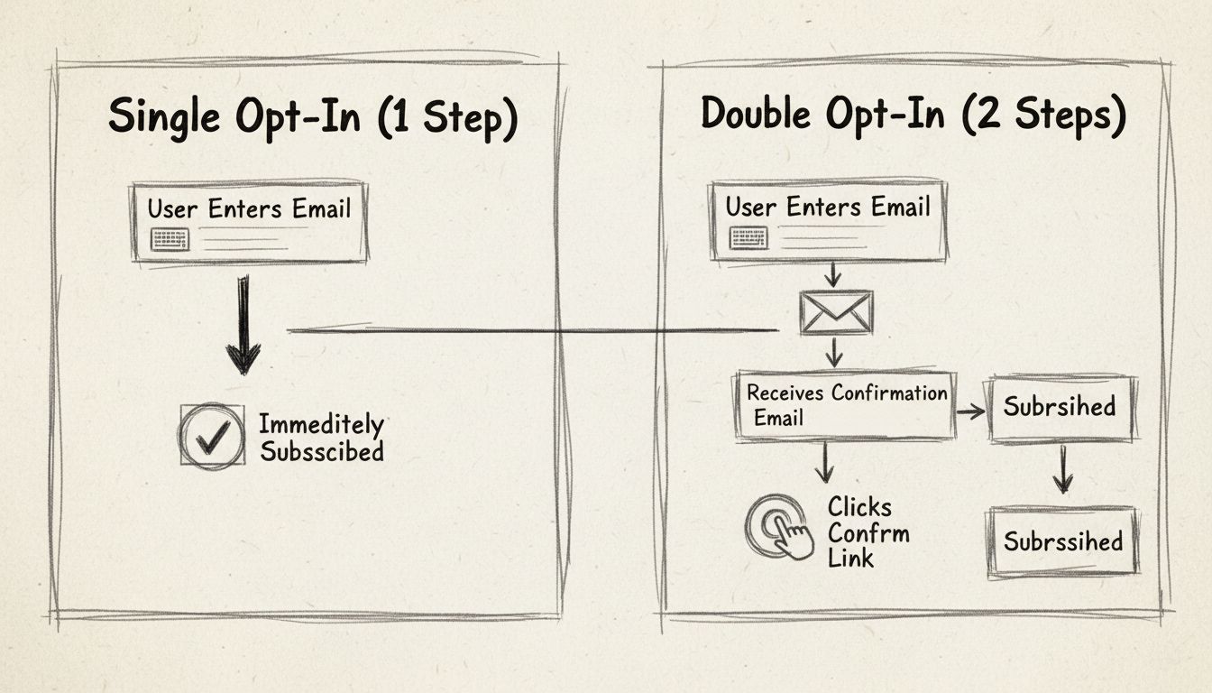 Handgezeichnetes Diagramm zum Vergleich von Single Opt-In vs. Double Opt-In E-Mail-Anmeldeprozess mit klaren Schritten und Beschriftungen