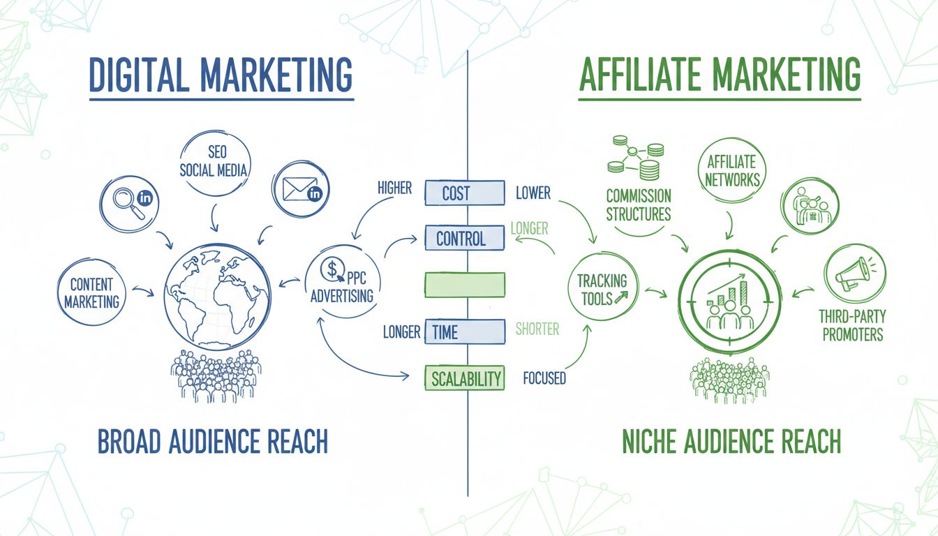 Infografik zum Vergleich von Digitalmarketing vs. Affiliate-Marketing-Strategien mit Symbolen für Kanäle, Kennzahlen und Reichweite