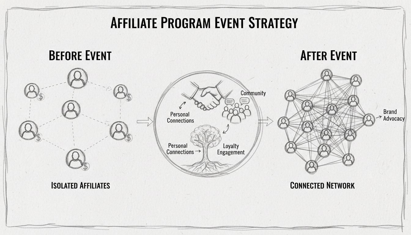 Handgezeichnetes Diagramm, das eine Eventstrategie für Affiliate-Programme mit Visualisierung von Networking vor und nach dem Event zeigt