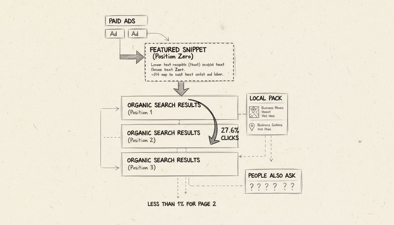SERP-Layout-Diagramm mit bezahlten Anzeigen, hervorgehobenen Snippets, organischen Ergebnissen und Traffic-Verteilung